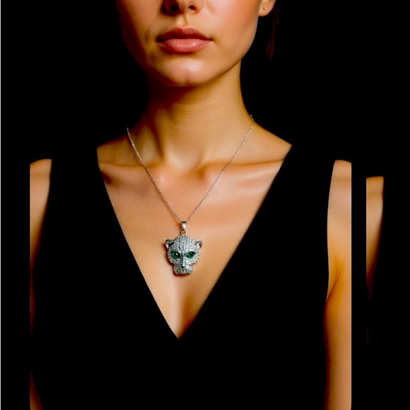 Art Deco Silver Color Sparkling Panther Pendant Necklace - Picture 4 of 8